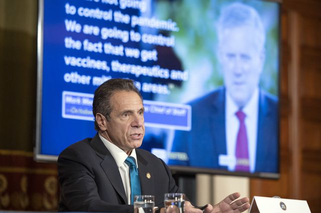 Governor Andrew Cuomo provides a coronavirus update last month during a press conference in the Red Room at the State Capitol.